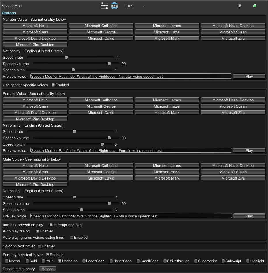 Settings for SpeechMod